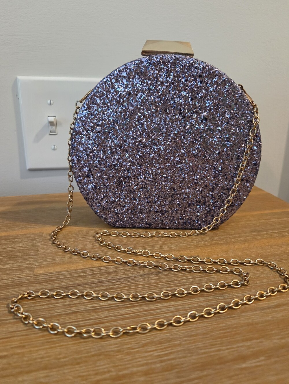 Purple Sparkly Hard Shell Purse Gold Chain Evening Bag Statement Y2K Glam